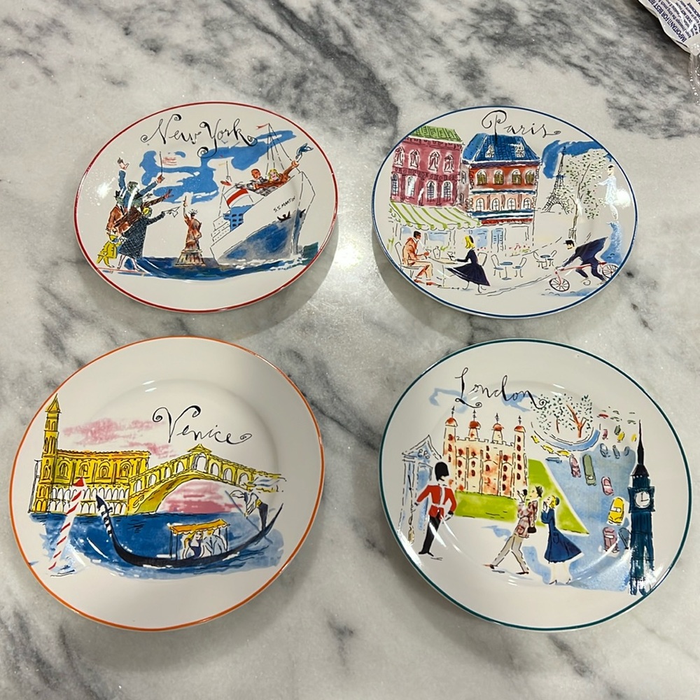 Vintage ROSANNA Bon Voyage Set 4 Dessert Plates New York, Paris, London, Venice - Picture 2 of 7